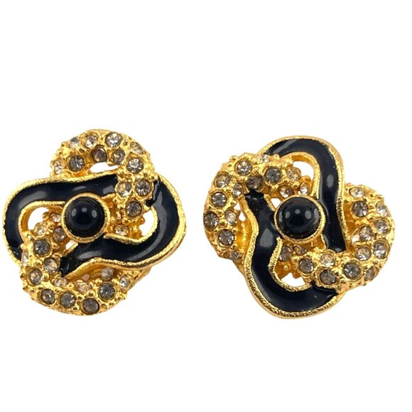 Roxanne Assoulin 1980s Designer Vintage Clip-On Earrings Gold Black Enamel Rhine - Picture 8 of 8